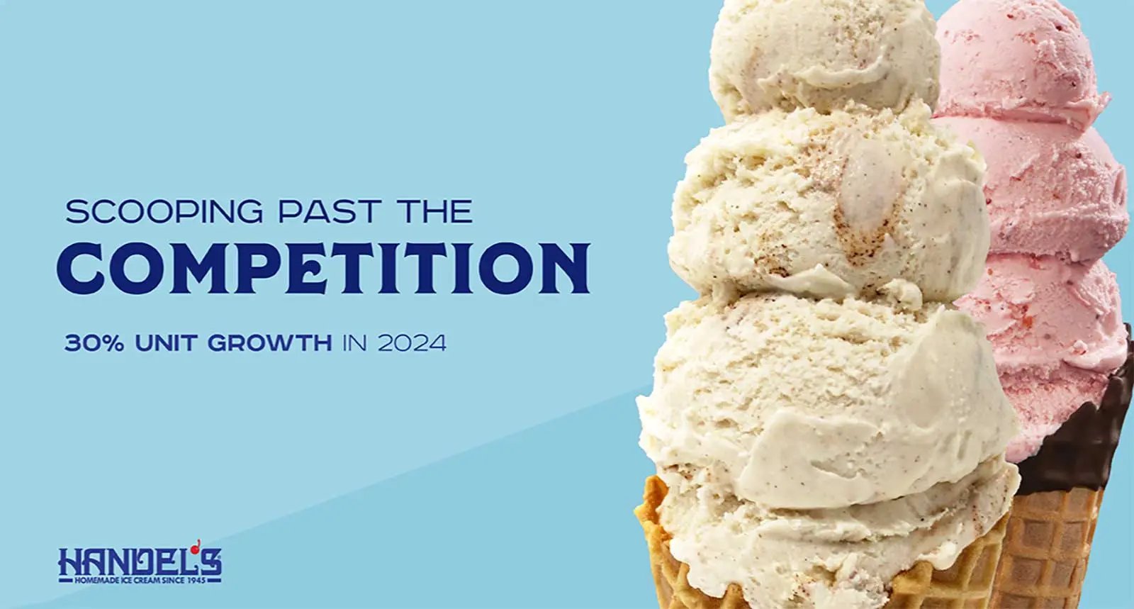 Two ice cream cones with headline that reads Scooping Past the Competition 30 Percent Unit Growth in 2024