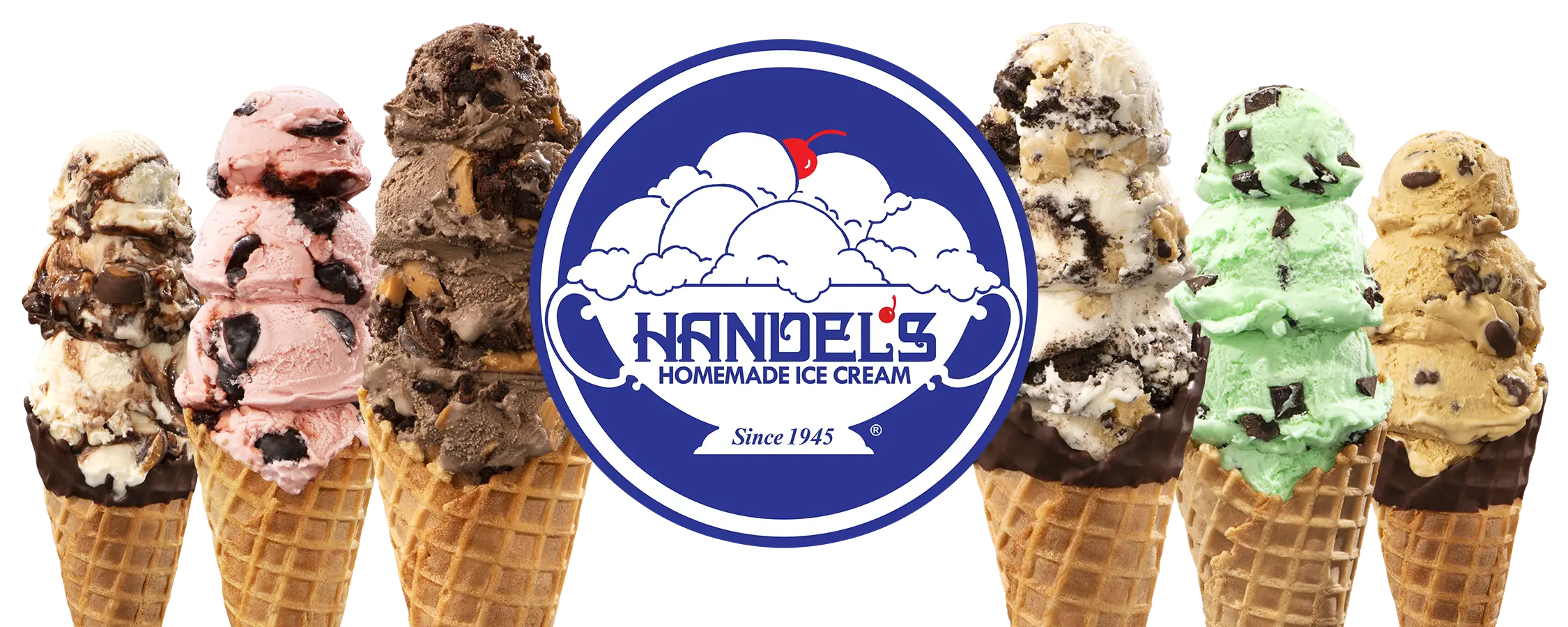 three Handel's ice cream cones on either side of the Handel's Homemade Ice Cream logo