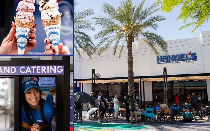 collage of Handel's Ice Cream store images including storefront and associates serving ice cream