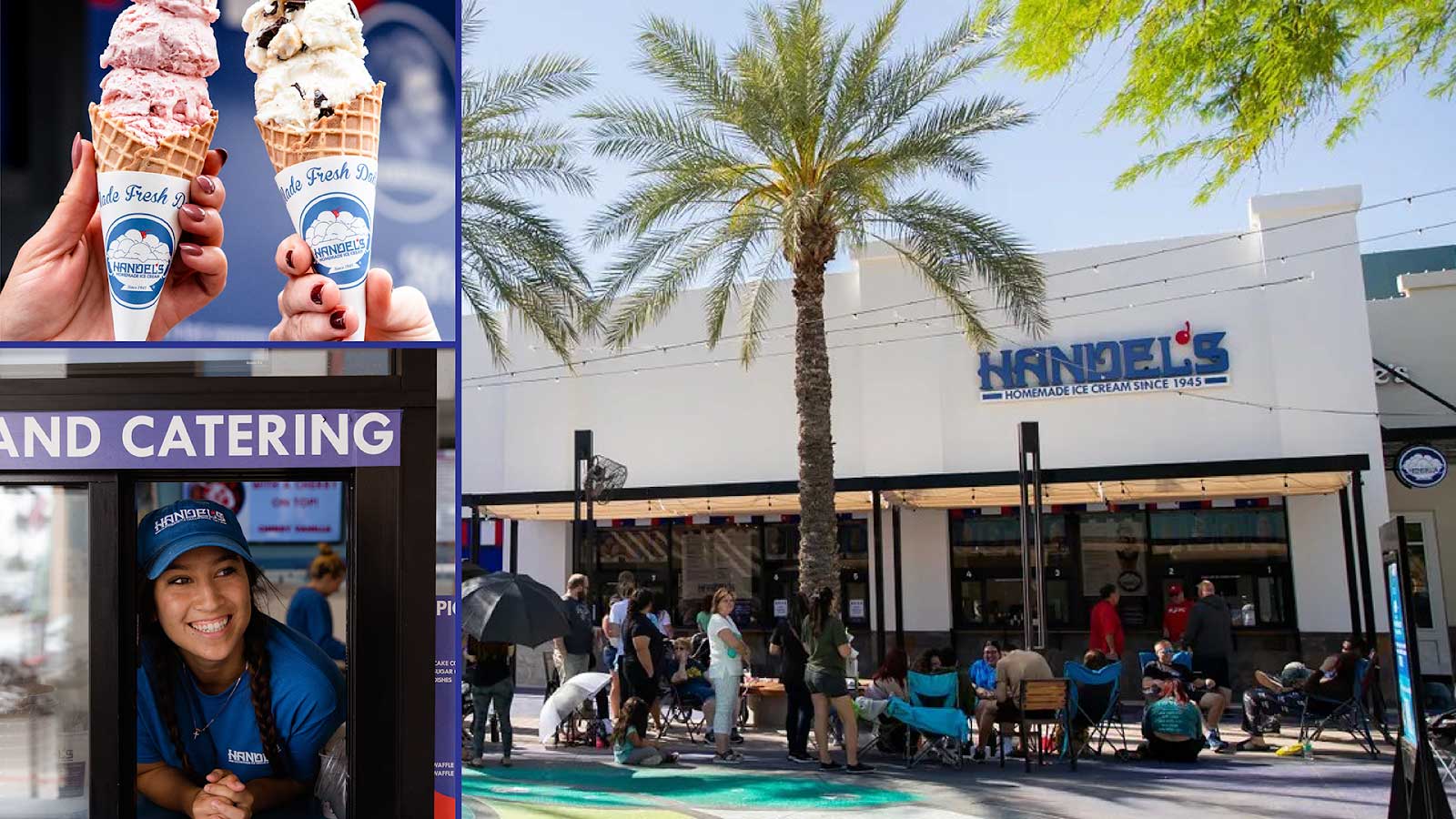 collage of Handel's Ice Cream store images including storefront and associates serving ice cream