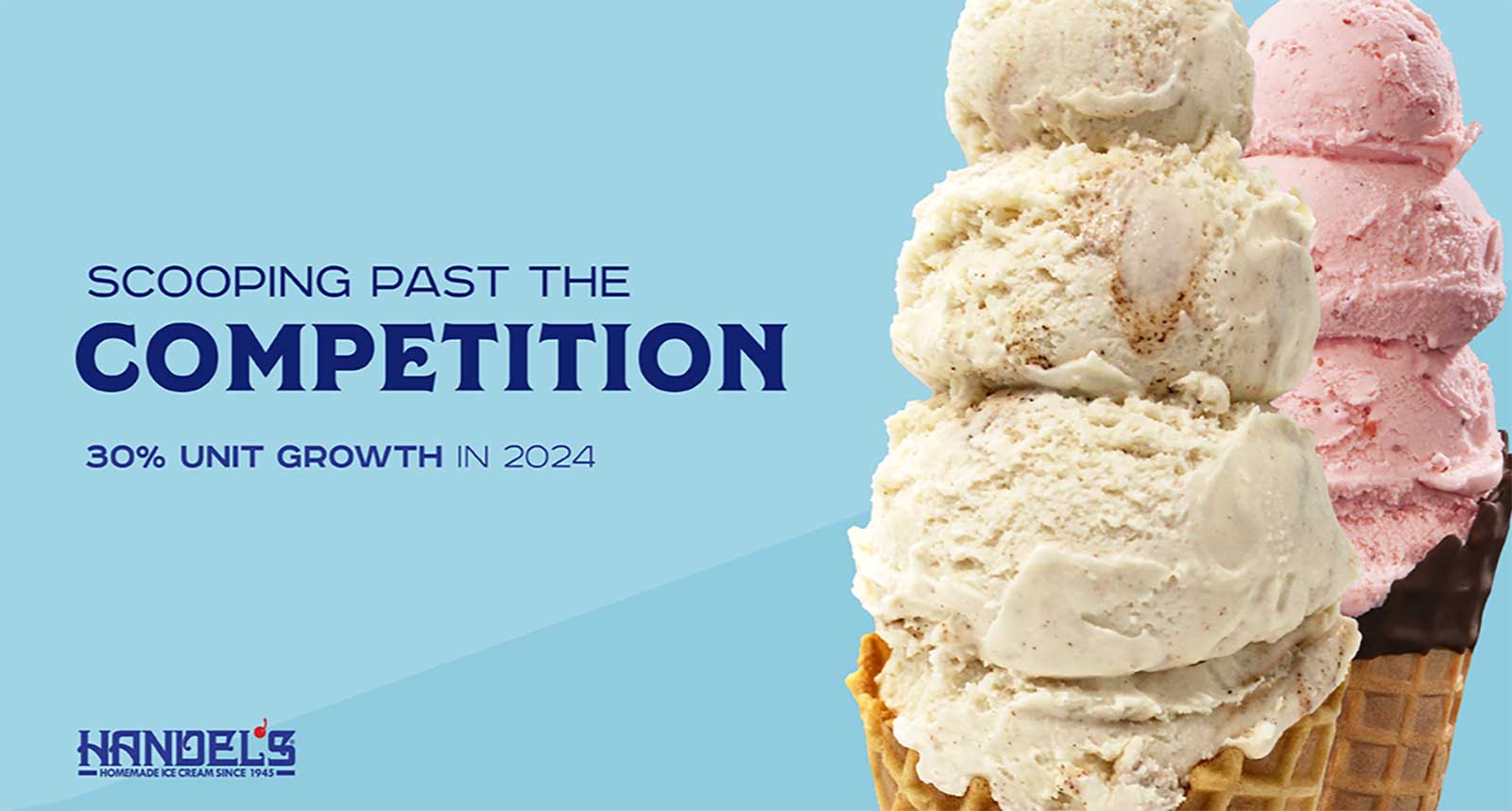 two ice cream cones with headline that reads Scooping Past the Competition 30 Percent Unit Growth in 2024