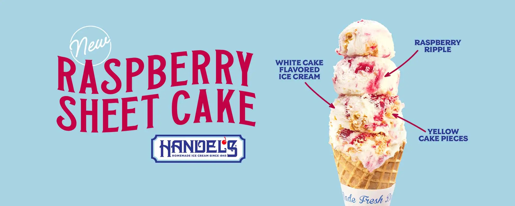 New Raspberry Sheet Cake ice cream with white cake flavored ice cream, raspberry ripple, and yellow cake pieces