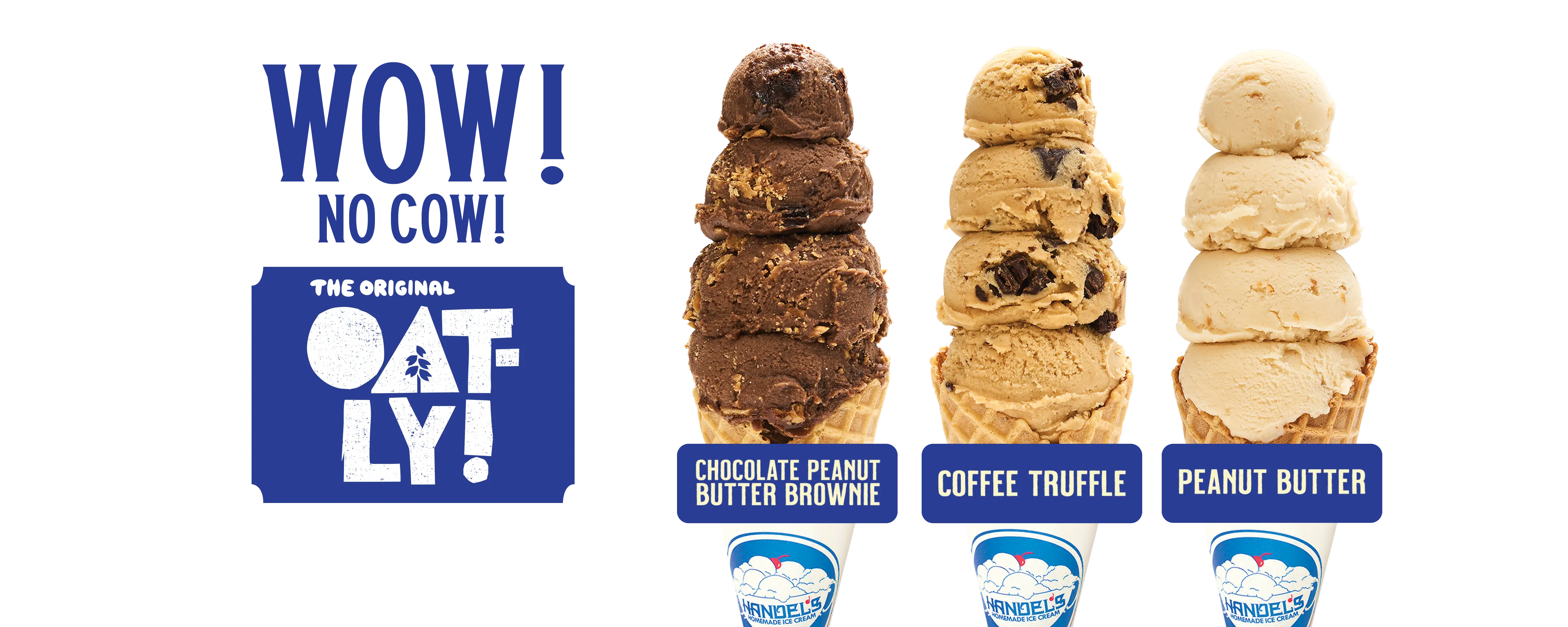 Three Handel's ice cream cones with flavors made with non-dairy Oatly - Chocolate Peanut Butter Brownie, Coffee Truffle, and Peanut Butter
