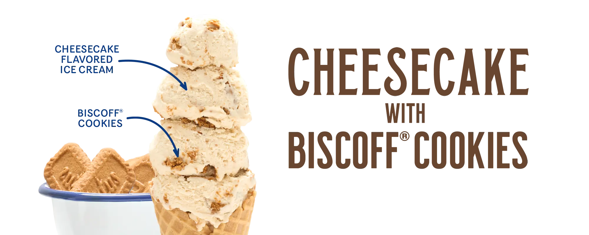 three scoops of new Handel's ice cream flavor Cheesecake with Biscoff Cookies on a cone